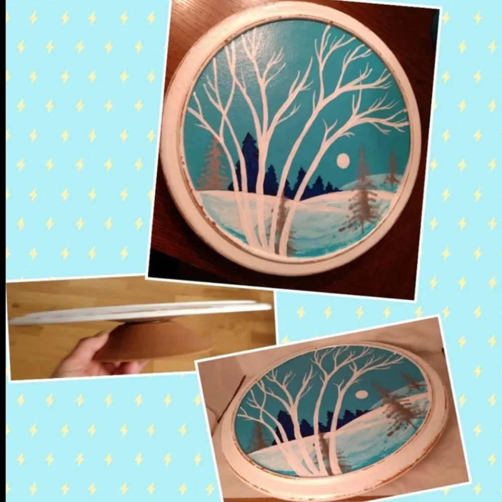 Hand painted winter scene on vtg pedestal plate Birch Trees upcycled